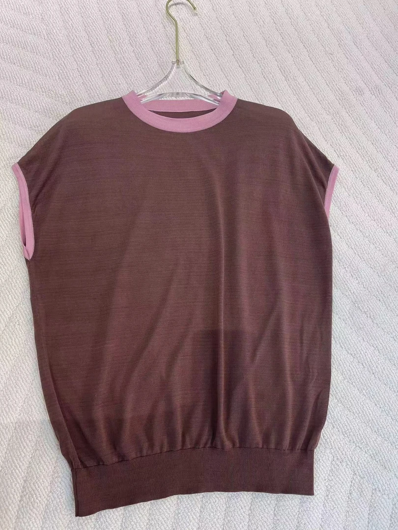 【阿美设计】夏季弹力桑蚕丝短袖无袖背心气质薄款洋气圆领24519