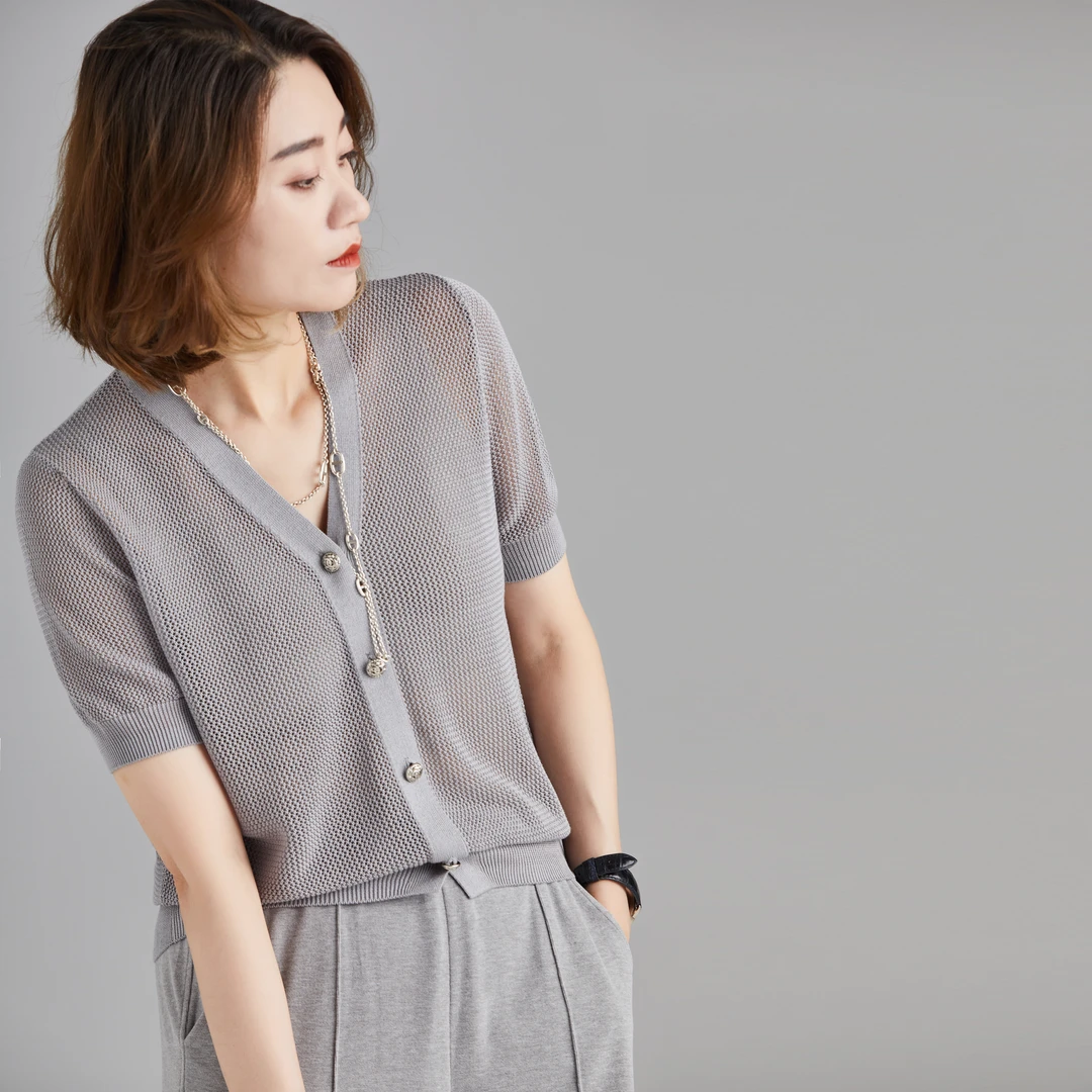 【阿美设计】夏季桑蚕丝镂空短袖开衫凉感丝滑舒服