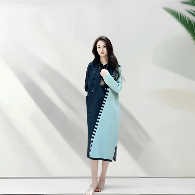 673秋冬拼色连帽休闲宽松减龄连衣裙【UM】