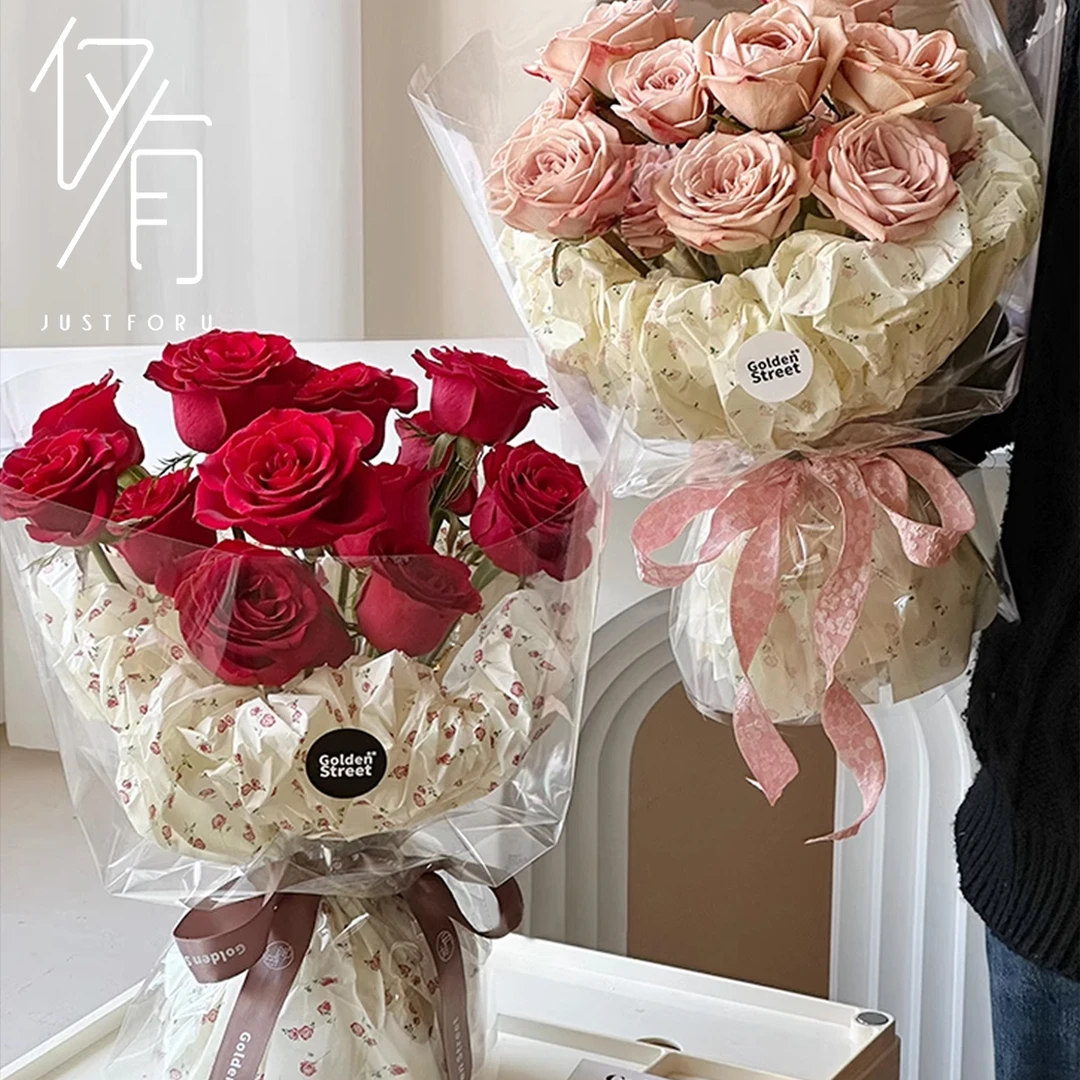 【仅有】小狗花束 38克加厚玫瑰印花雪梨纸花束单面包装纸花店资材