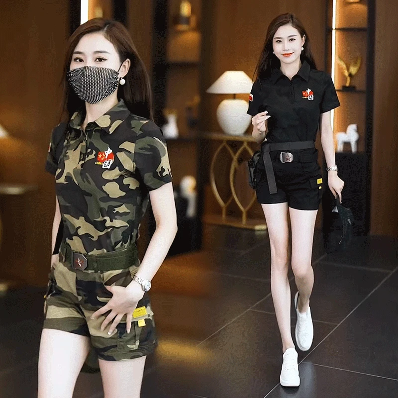 迷彩服女短袖套装夏季新款翻领半袖修身显瘦polo衫大码短裤两件套