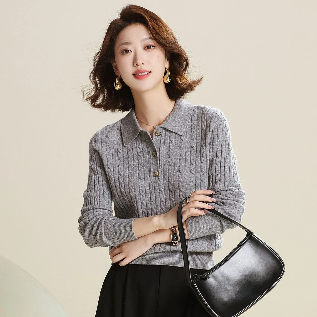 赛兔100%羊毛衫优雅重工立体绞花Polo领针织衫上衣276S243T091