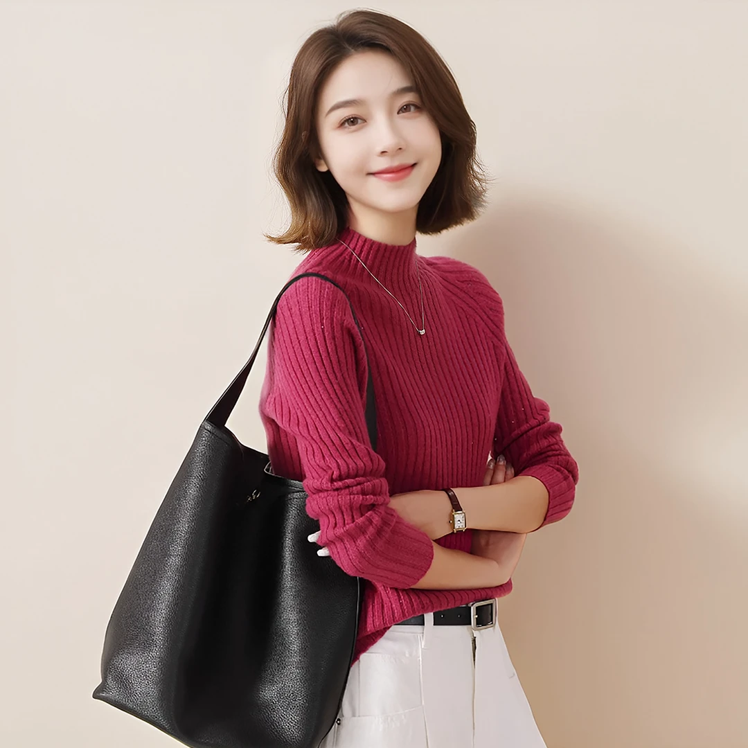 赛兔100%羊毛衫女无缝厚款亮丝亮片竖坑条纹打底衫502S245T005-1