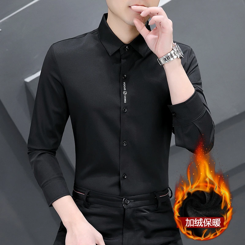 冬季加绒加厚衬衫男款休闲百搭长袖上衣刺绣衬衣时尚修身保暖R602