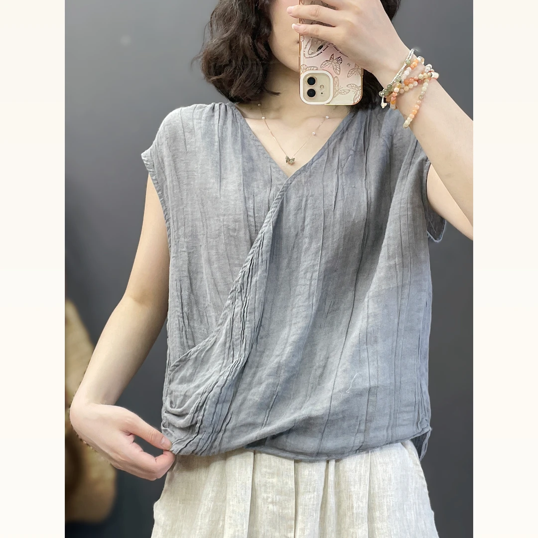 【瑜妹妹】 V领设计师款莱赛尔苎麻-半袖衬衫暗扣套头薄款上衣女装