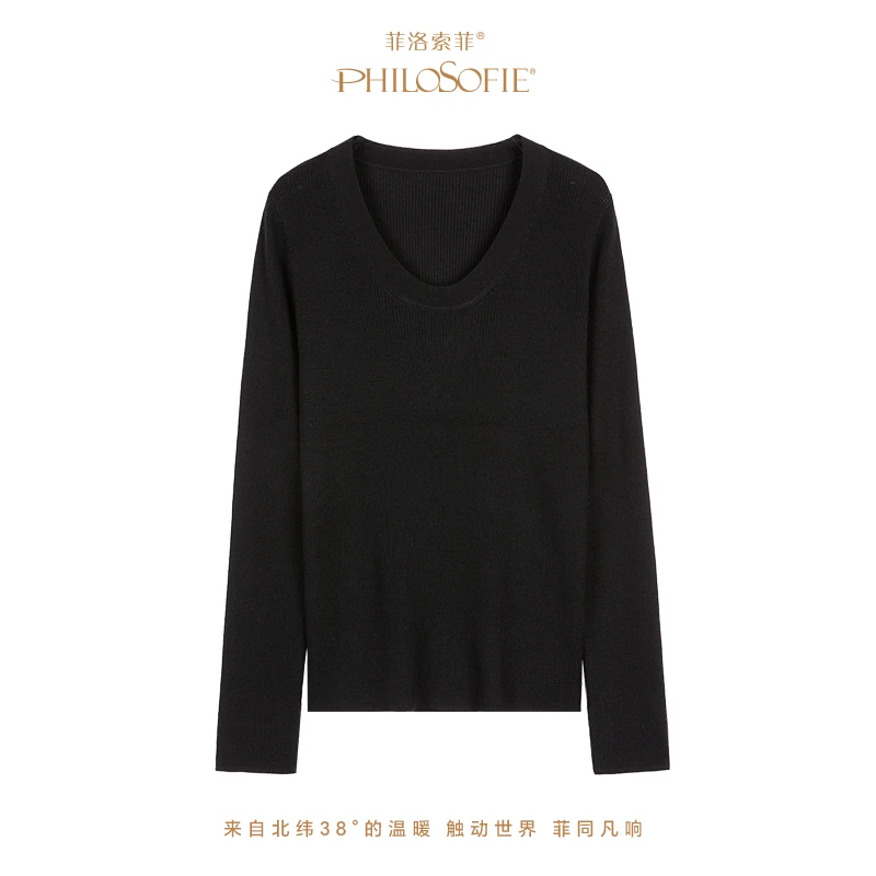 菲洛索菲春秋穿搭女新中式老钱风百搭气质精纺U型领长袖衫上衣