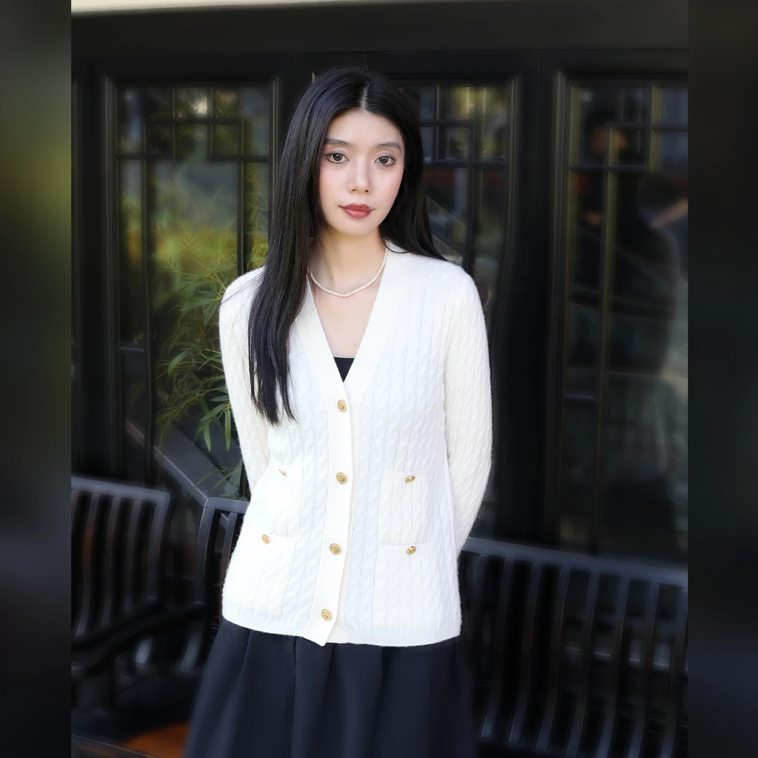 菲洛索菲女2025设计师轻奢款100山羊绒法式小香风韩系V领开衫上衣