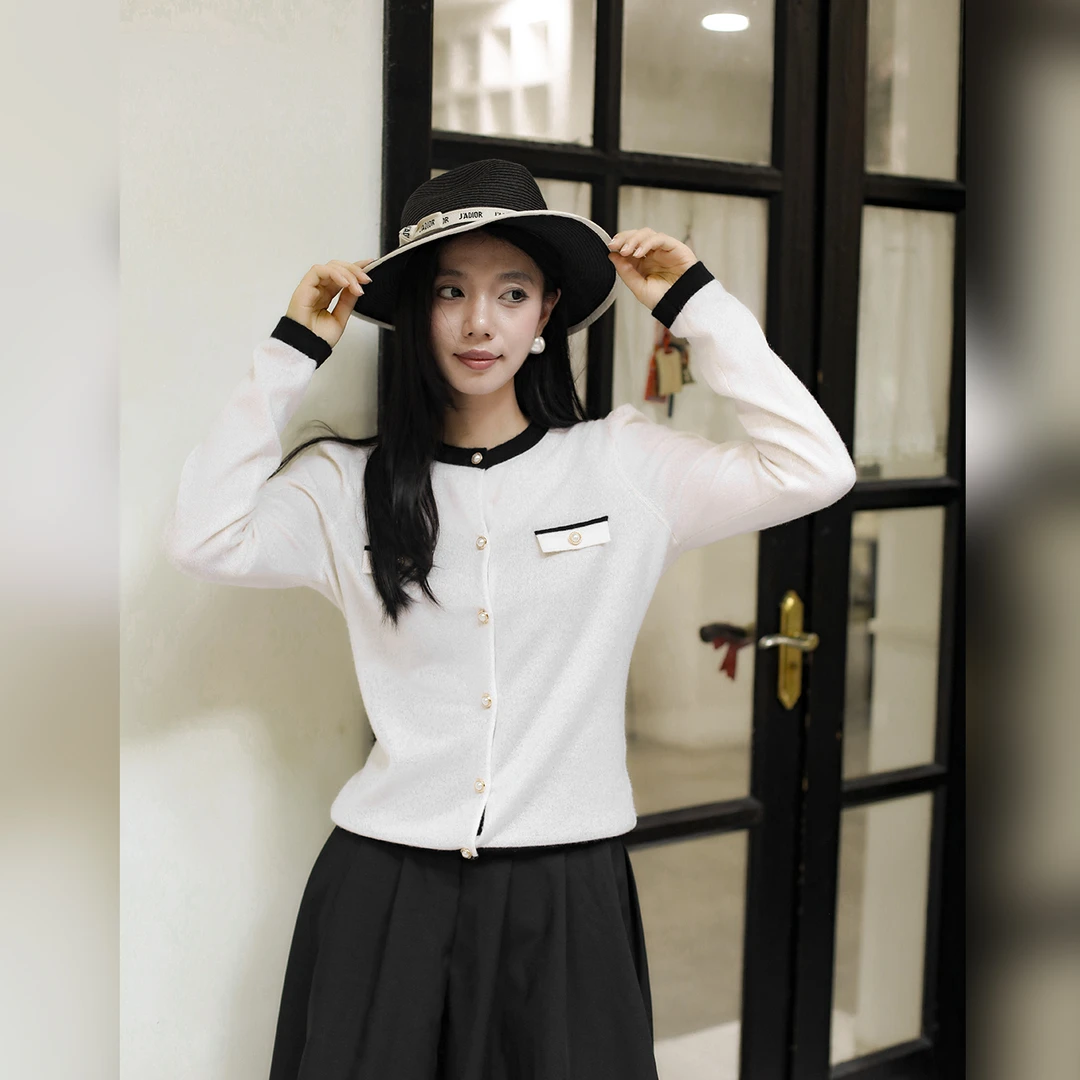 菲洛索菲春季新款女士针织百搭百分百纯羊绒小香风开衫