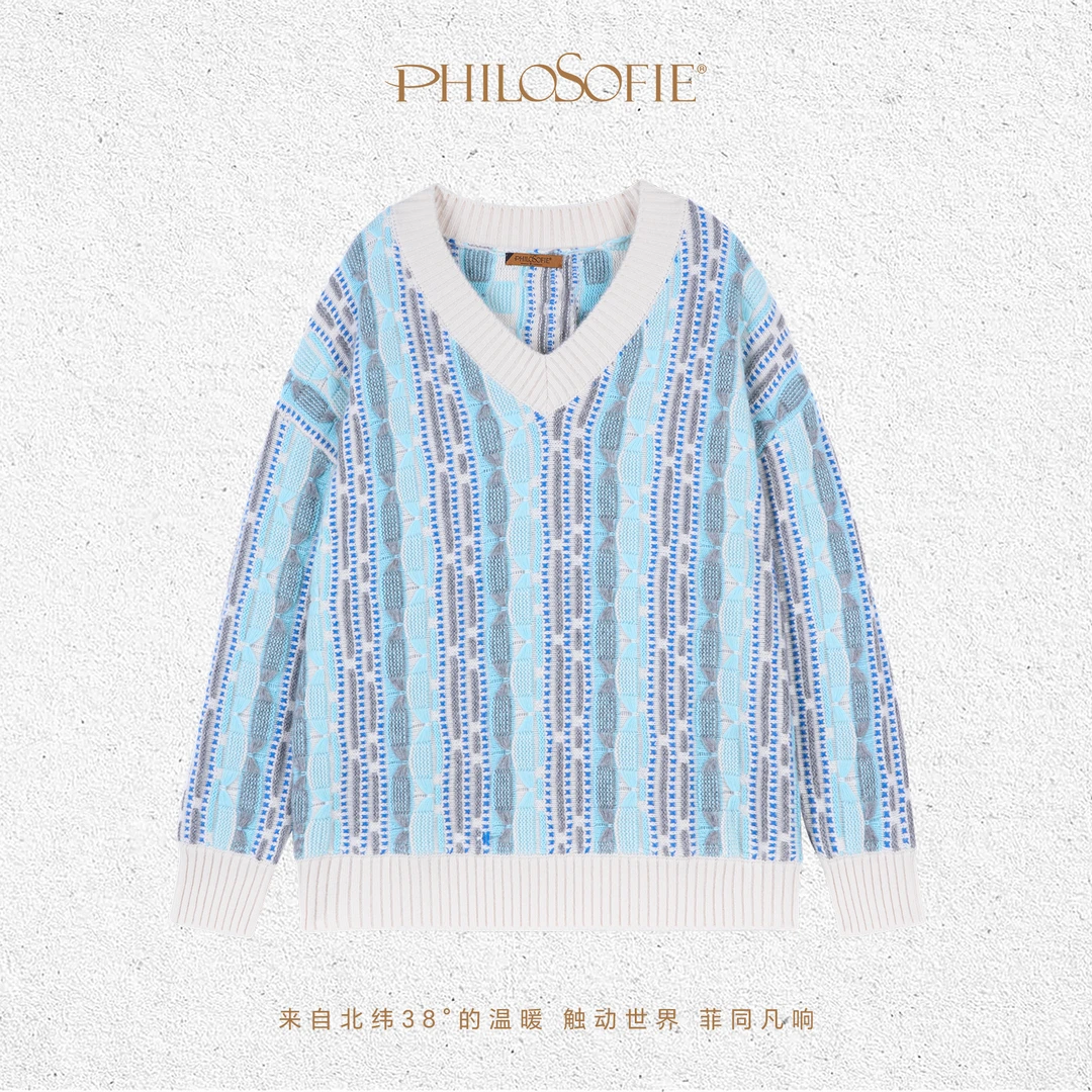 菲洛索菲秋冬保暖穿搭轻奢100%山羊绒挑花v领套衫内搭上衣