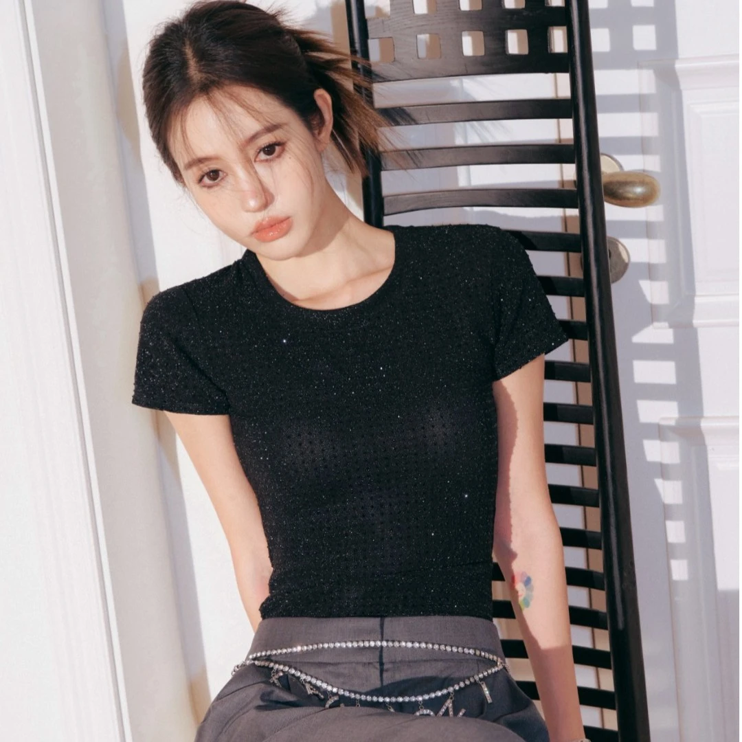 TAG&OMZO官方直营夏日新中式穿搭穿搭女士夏季圆领满钻修身T恤