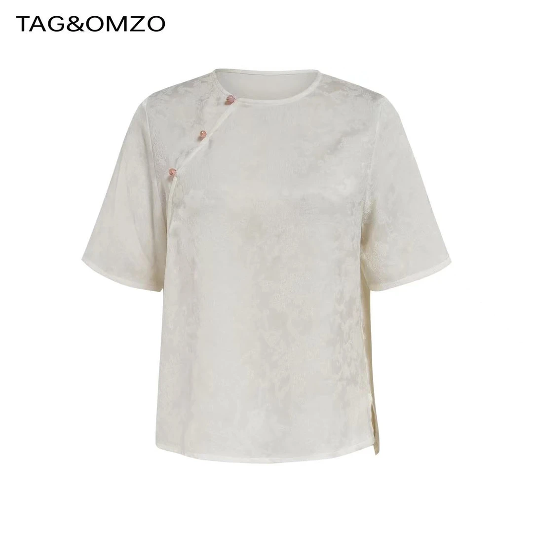 TAG&OMZO夏日新中式穿搭风格斜襟三扣圆领提花短袖T恤