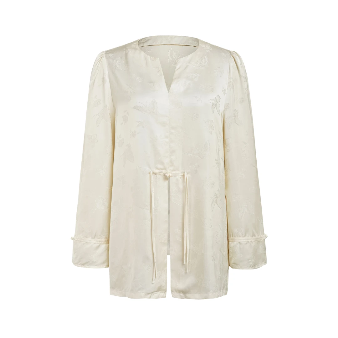 TAG&OMZO官方直营夏日新中式穿搭小v领单扣提花长袖