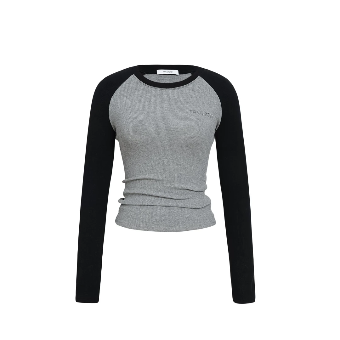 TAGLIONI官方直营秋冬新款拼色镶钻LOGO长袖打底上衣2470097