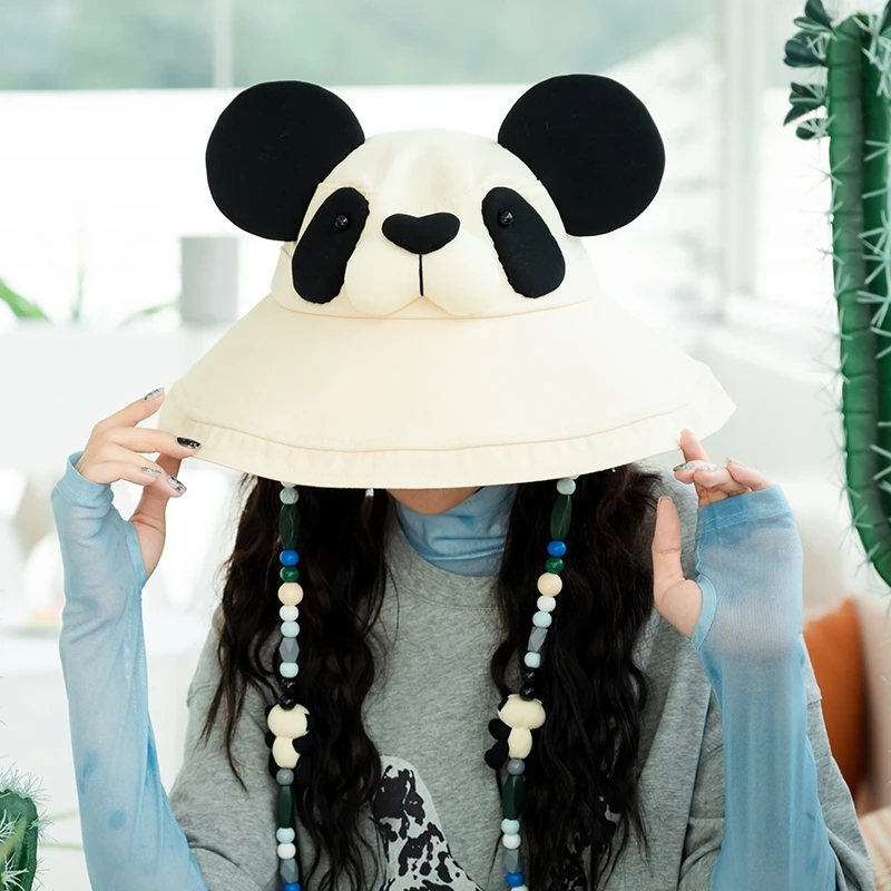 芽小七原创手工熊猫渔夫帽防晒透气薄款防紫外线百搭户外休闲时尚