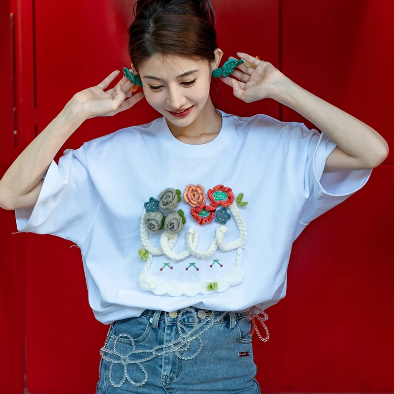 芽小七原创白色蛋糕T设计感小众纯棉短袖女t恤宽松上衣夏休闲情侣