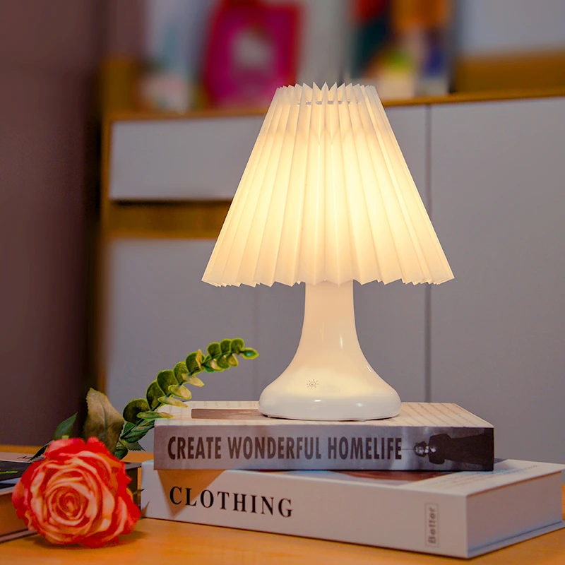 触控小夜灯伴睡卧室床头灯护眼氛围灯高级感百褶灯简约风充电台灯