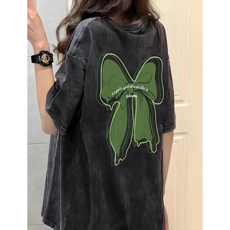 水洗做旧短袖t恤女2025新款夏季美式复古潮牌宽松大码半袖上衣服