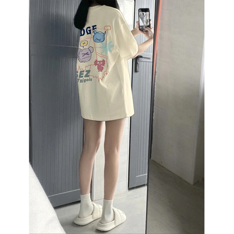 纯棉杏色短袖T恤女装夏装2025新款爆款宽松中长款女士高档上衣服