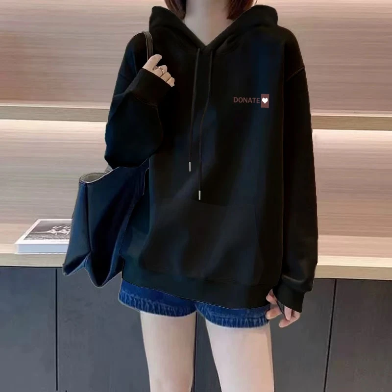 韩系慵懒风黑色连帽卫衣女宽松遮肚2025新款春秋薄款带帽上衣外套