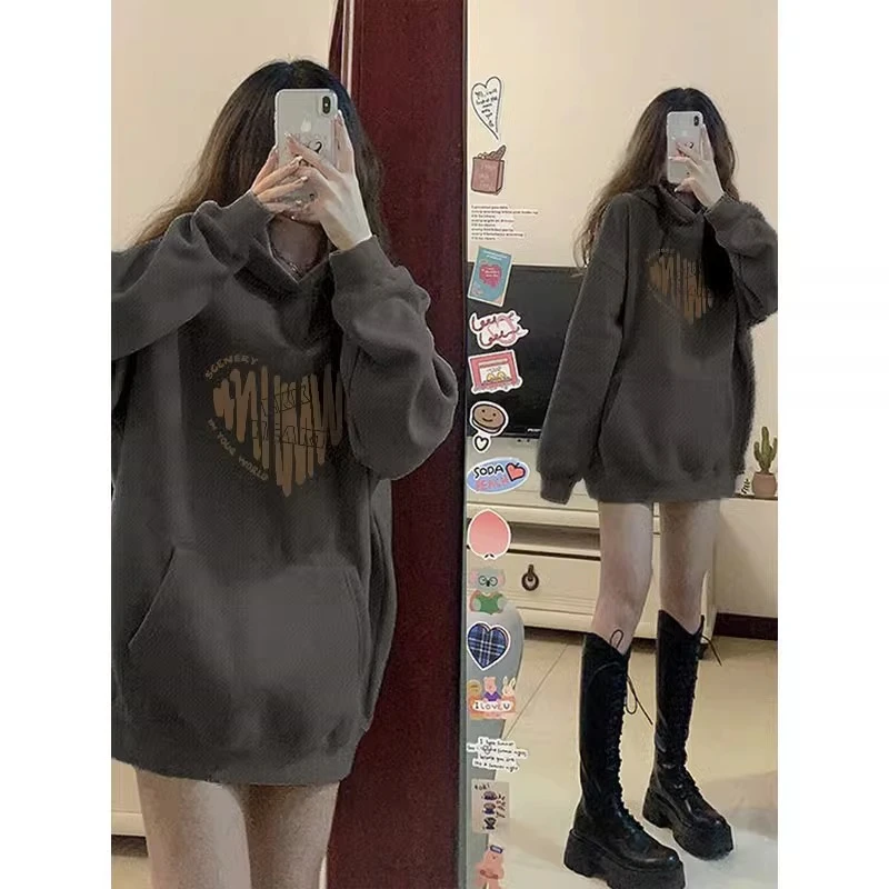 深灰色加绒加厚连帽卫衣女2025秋冬新款爆款高端欧货宽松长袖外套