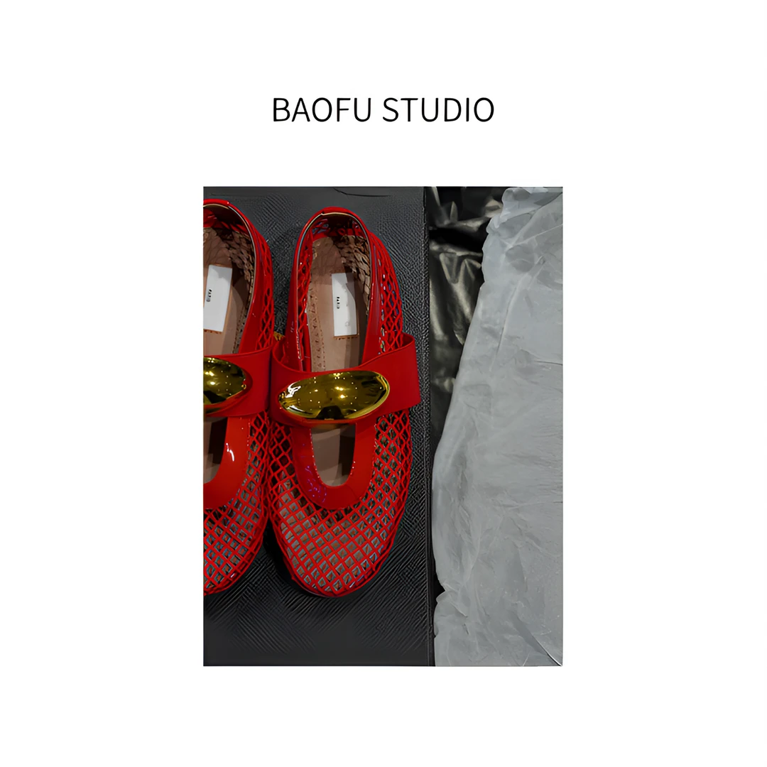 BAOFU studio | 夏日巴黎渔网鞋法式芭蕾鞋圆头平底牛皮漆皮凉鞋