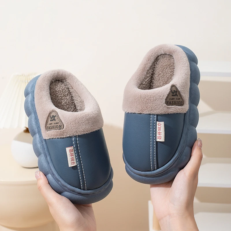 冬季新款儿童棉拖鞋男童防水防滑厚底室内宝宝皮面加绒保暖亲子鞋