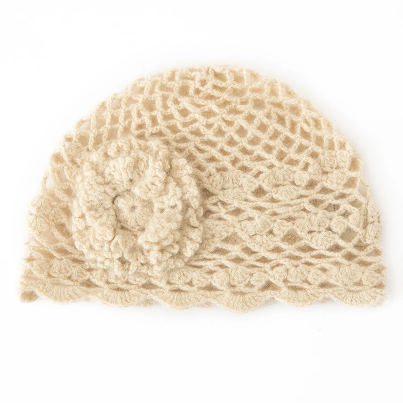 优雅气质新款纯手工钩花毛线帽女韩版百搭保暖护耳针织套头羊绒帽