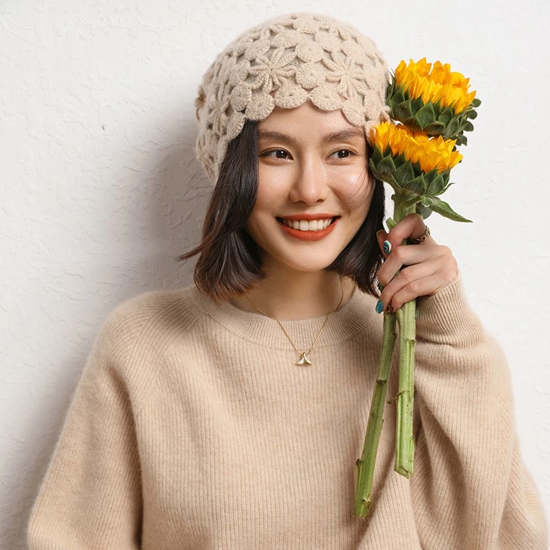 洋气气质款一年四季可以戴手工编织时尚百搭羊绒帽毛线休闲包头帽
