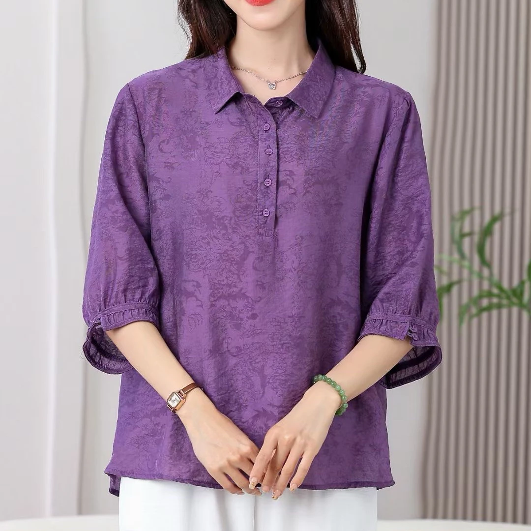 （翻领）宽松时尚休闲减龄中年妈妈装洋气中袖纯色提花遮肚子小衫