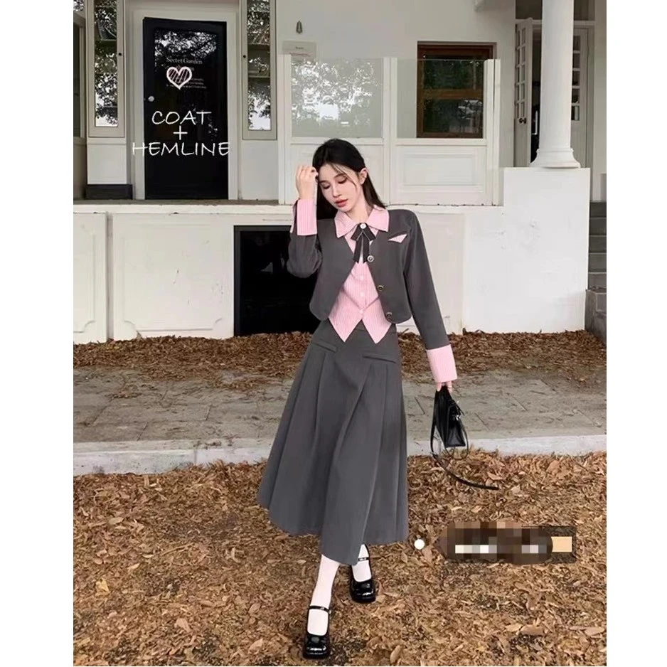 【泡芙少女】3957微胖mm学院风jk制服拼接上衣高腰裙子秋季女外套