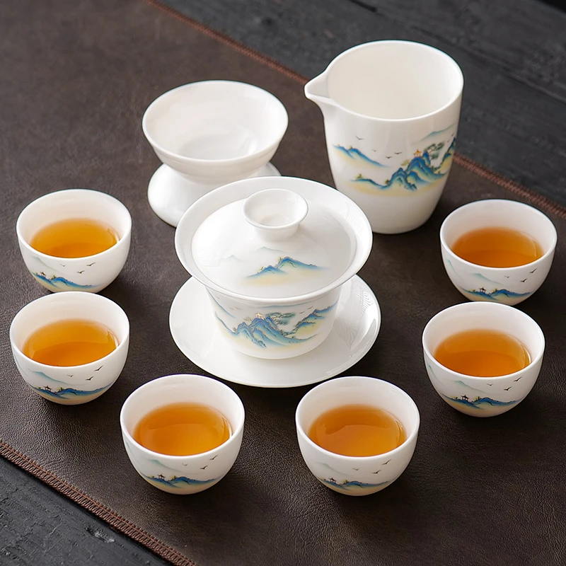 羊脂玉功夫茶具套装家用办公室喝茶茶壶茶盘高档轻奢白瓷盖碗茶杯