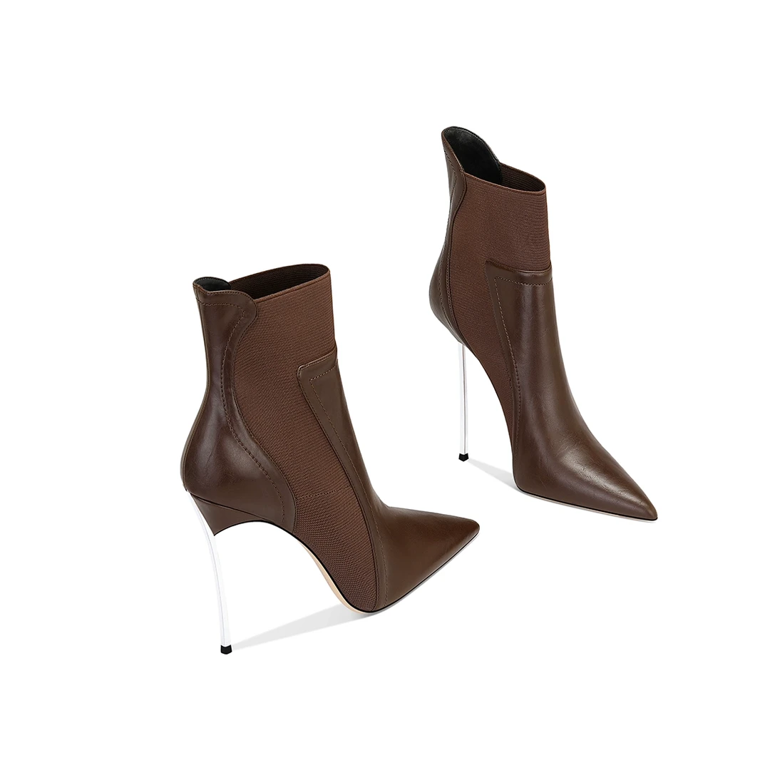 弹力瘦瘦靴棕色短靴百搭洋气不累脚2024秋冬新款尖头细跟高跟鞋女