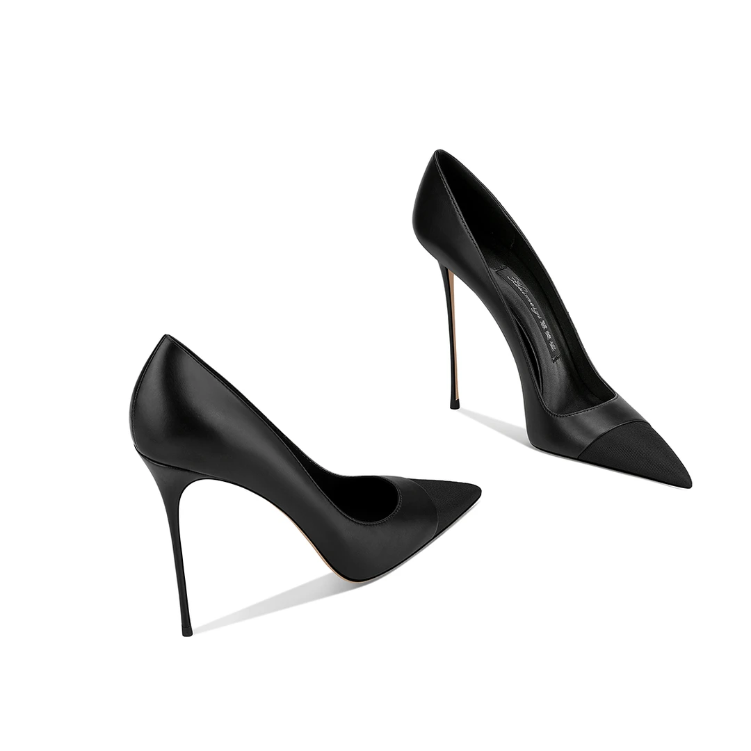 2025秋季新款气质女洋气拼接通勤百搭细跟浅口黑色尖头职业高跟鞋