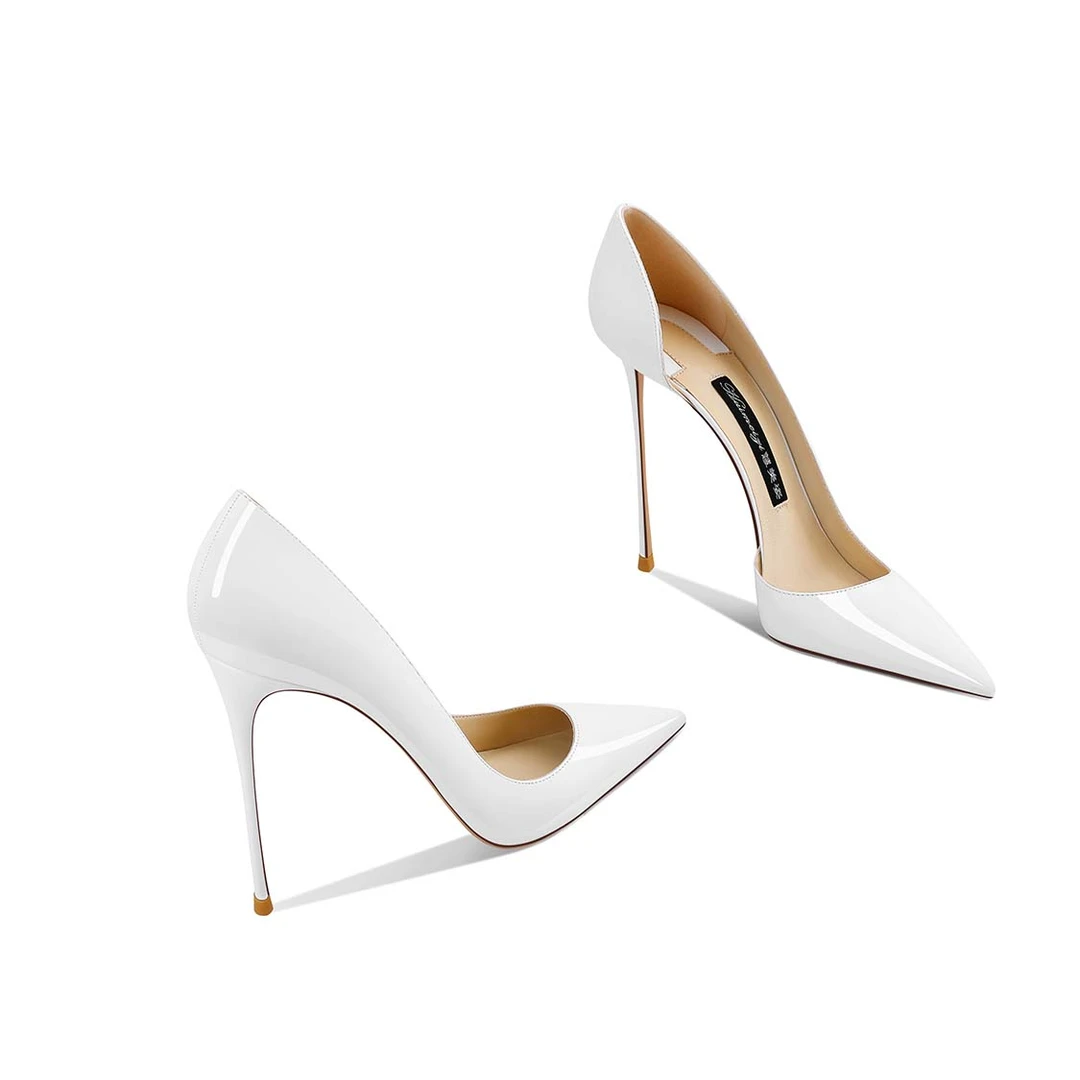 2025新款尖头浅口侧空细跟漆皮洋气小众气质高跟鞋白色百搭优雅