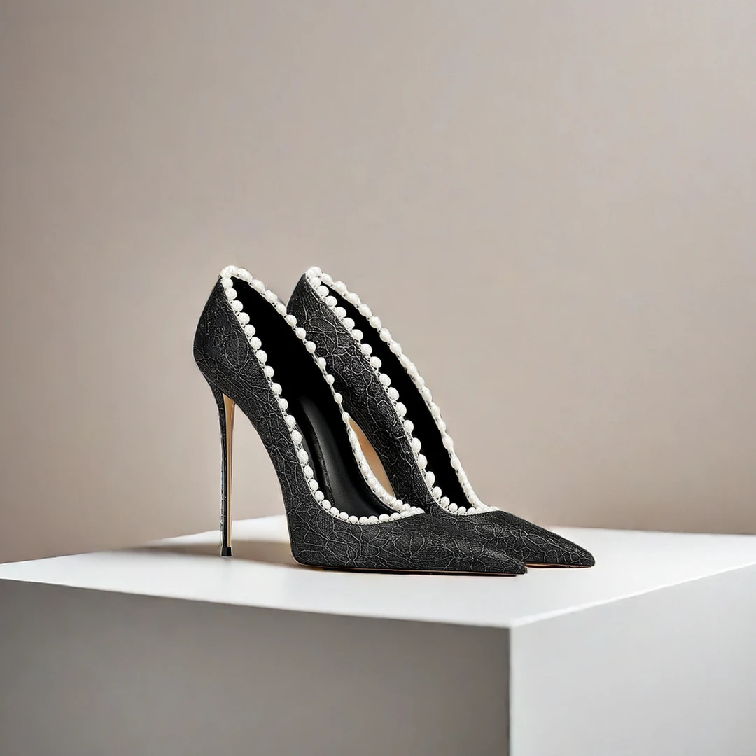 黑色蕾丝法式尖头细跟高跟鞋2025春秋新款浅口宴会百搭欧美爆款