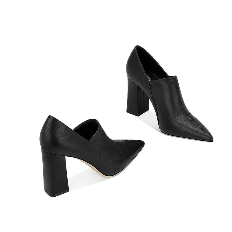 爆款黑色加绒漆皮高跟鞋女2025秋冬新款尖头粗跟深口单鞋软底中跟