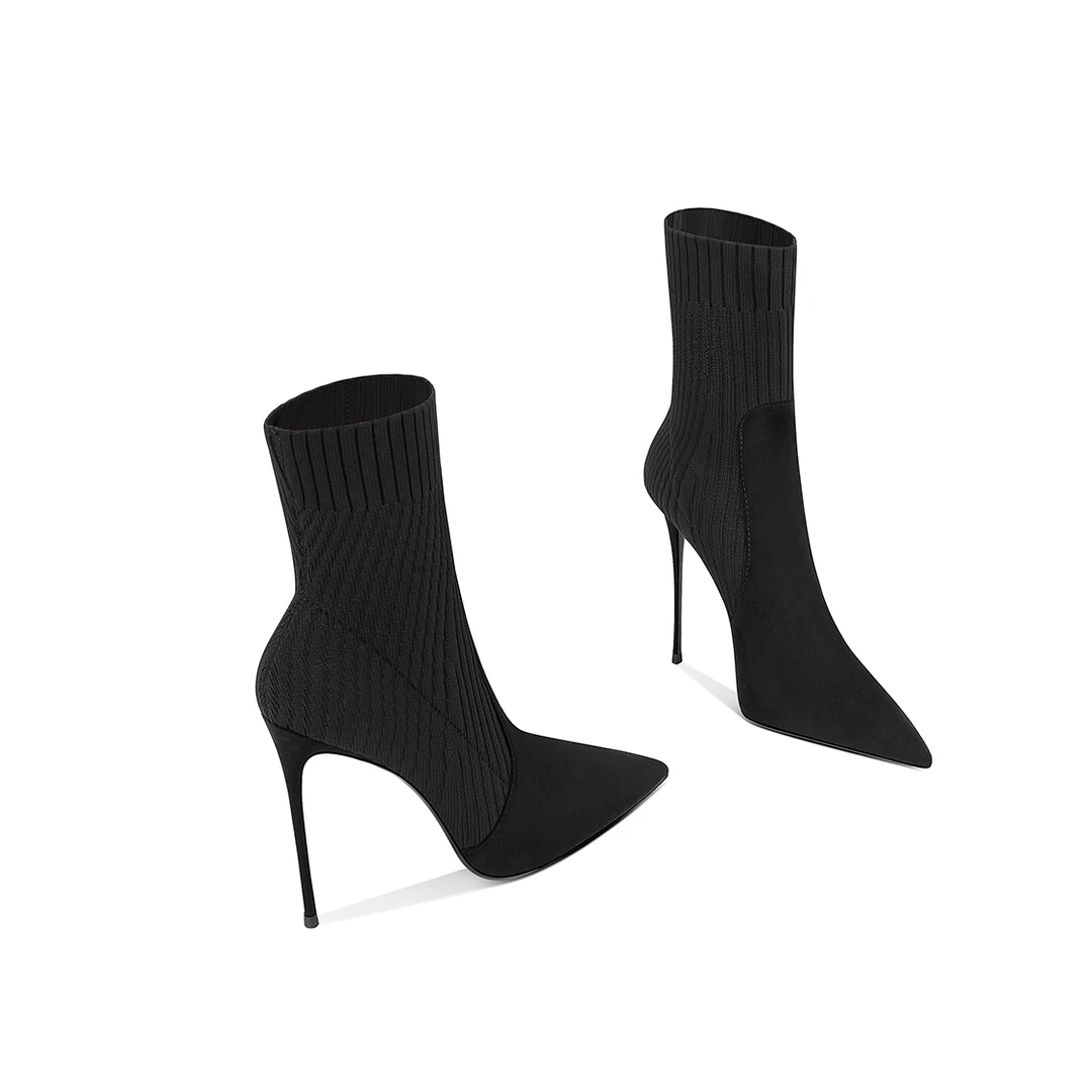爆款2025秋冬季新款黑色中筒靴百搭针织弹力袜靴尖头细跟高跟鞋女