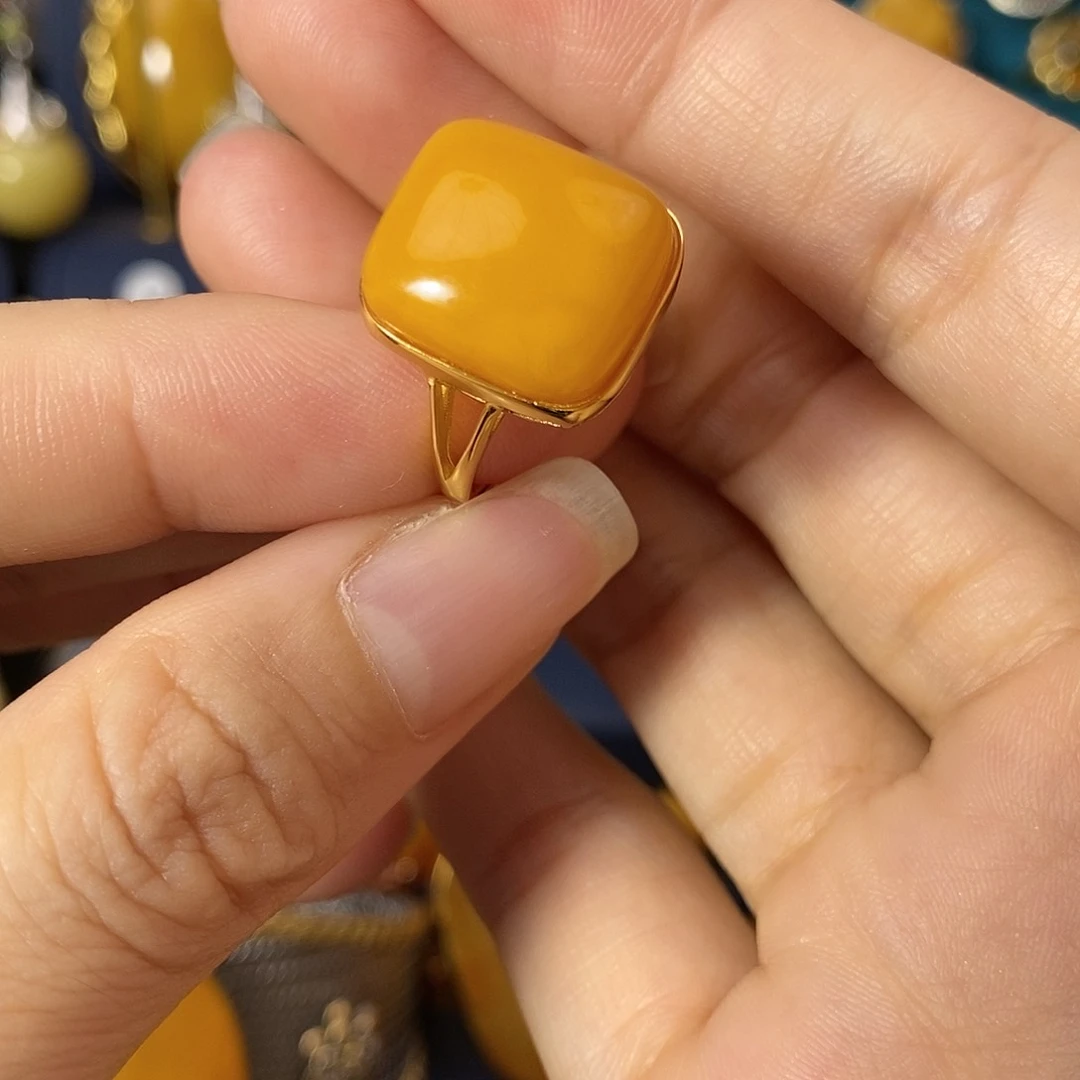 琥珀戒指银S925镀金镶嵌