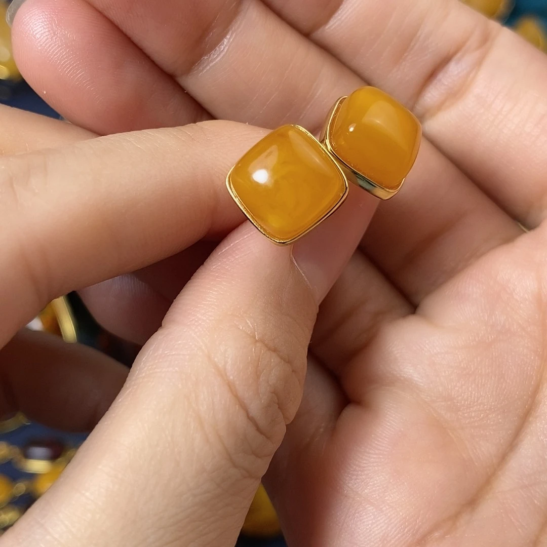 琥珀耳饰银S925镀金镶嵌