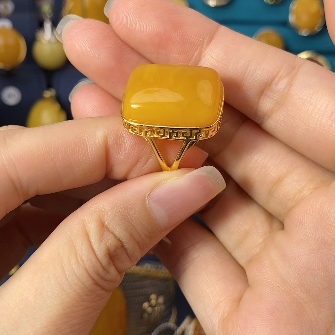 琥珀戒指银S925镀金镶嵌