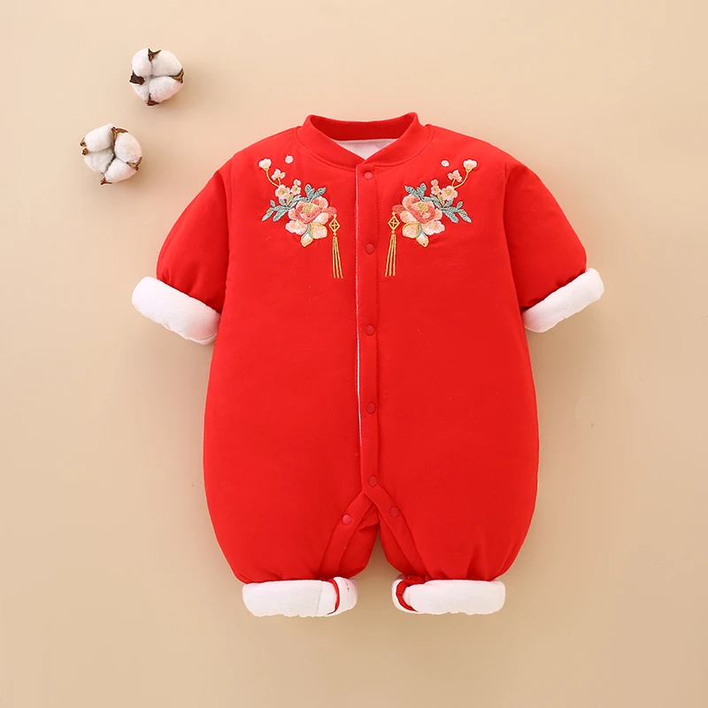 冬季新生婴儿拜年服初生过年服加厚夹棉连体衣服冬装男女宝宝哈衣