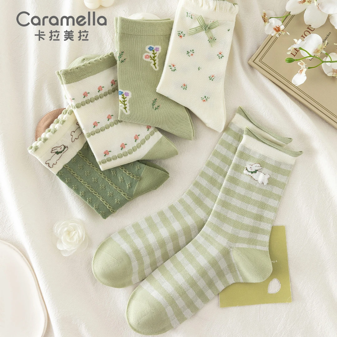 CARAMELLA绿色小清新森系中筒女袜四2024季秋季新款百搭女士袜子