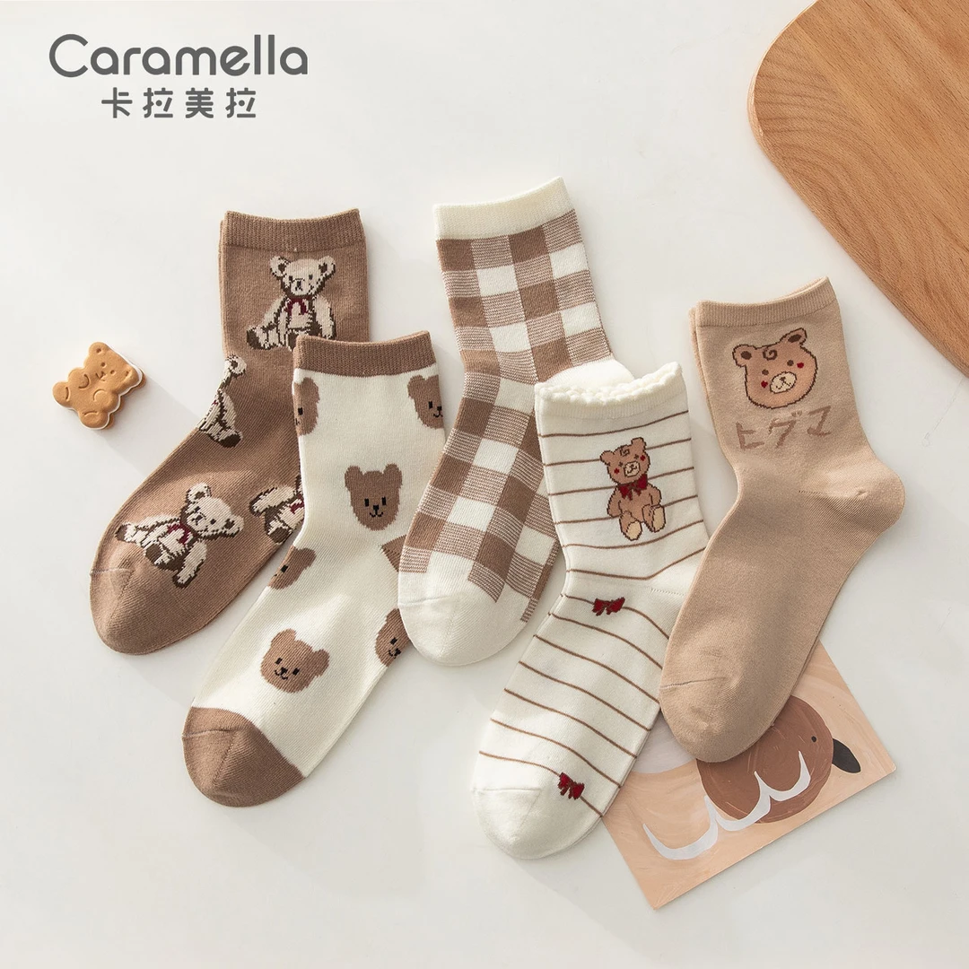 CARAMELLA美拉德中筒袜女领结小熊保暖百搭ins女士袜秋冬款无双装