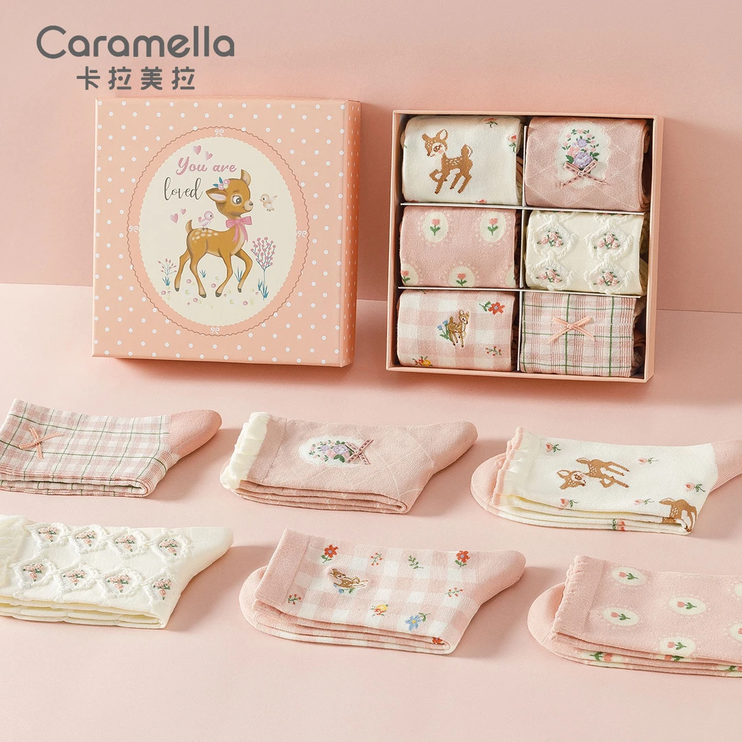 CARAMELLA小清新桃粉色麋鹿提花新疆长绒棉袜女秋季新款礼盒装