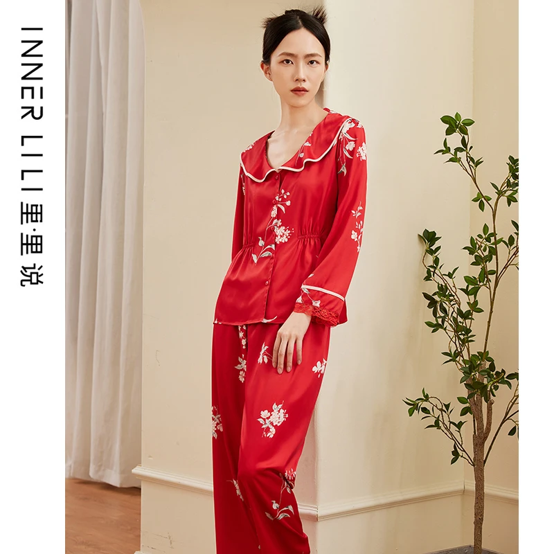 【宋代美学】睡衣女春夏长袖长裤家居服国风睡衣红色收腰显瘦可外穿