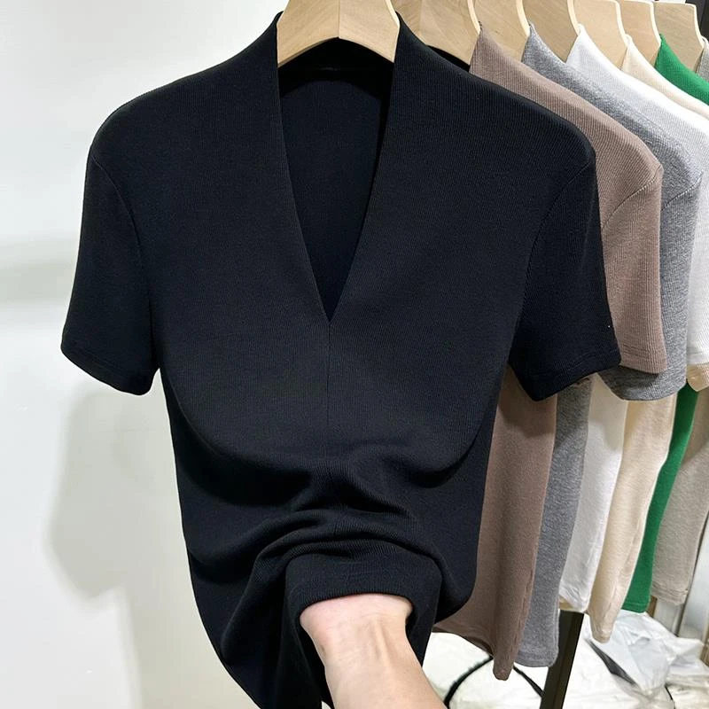 法式高级感螺纹领短袖恤女上衣2024春夏季新款黑色内搭打底小衫潮