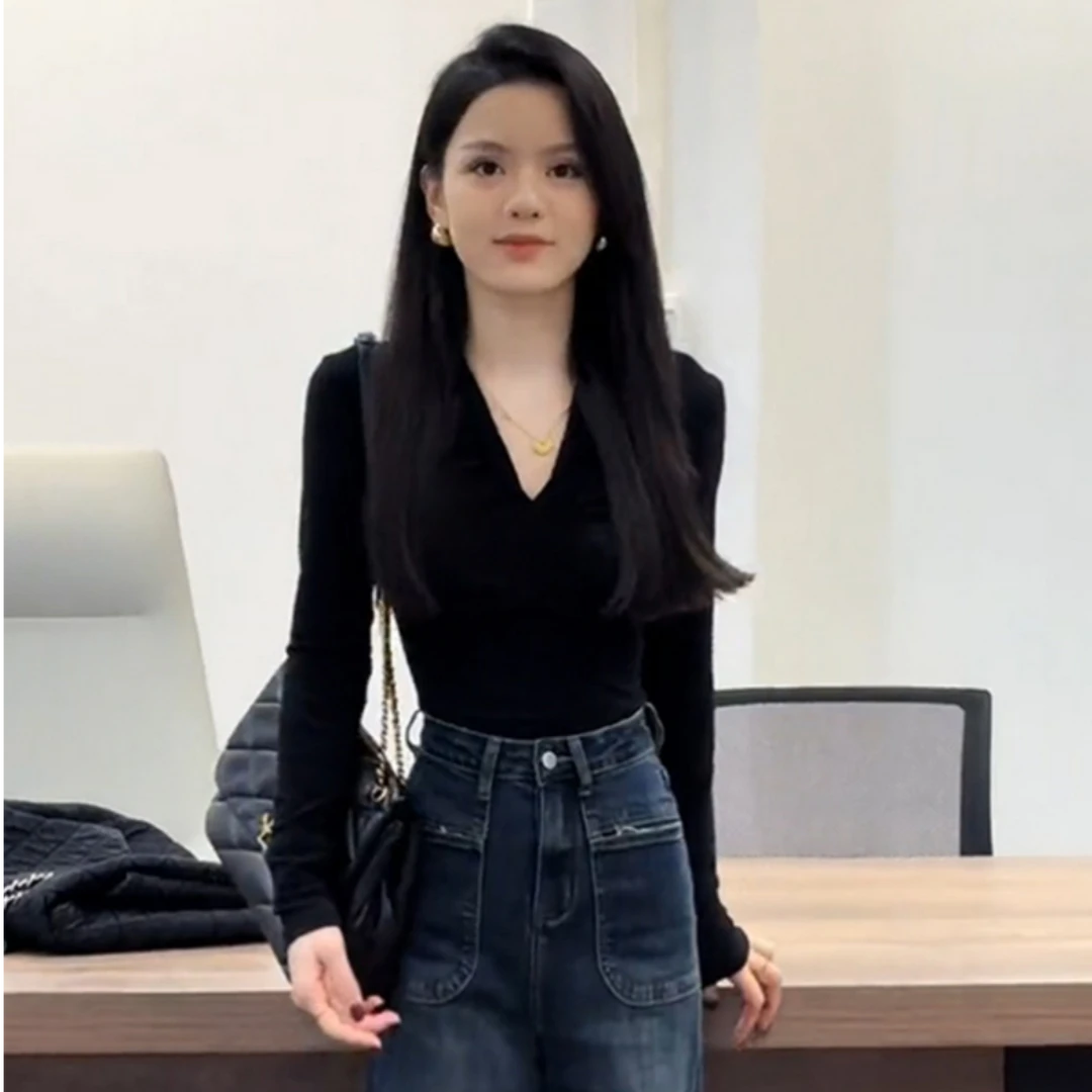 法式V领正肩长袖T恤女早秋高级感气质修身显瘦内搭打底衫辣妹上衣