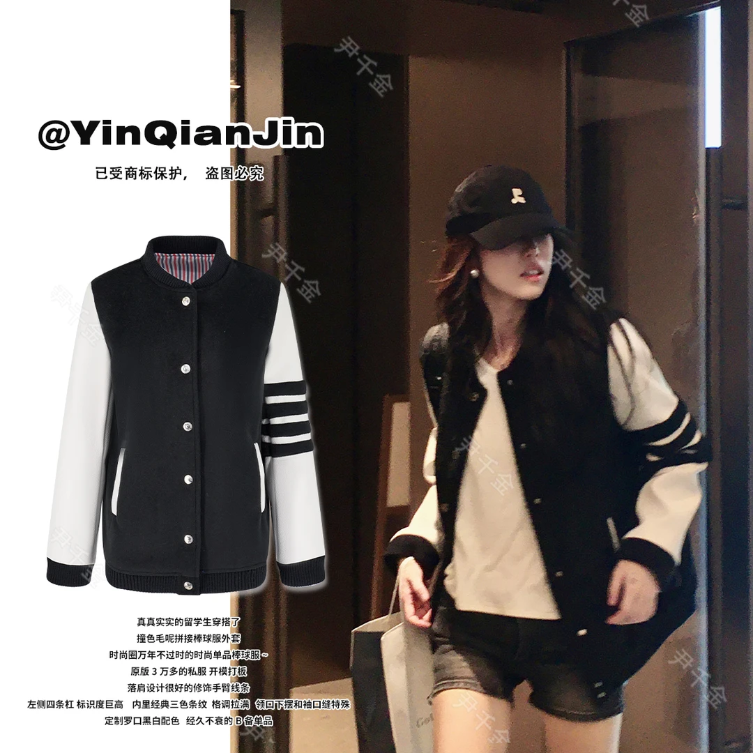 尹千金【留洋女高】t家美式复古经典撞色毛呢 拼接棒球服W240617