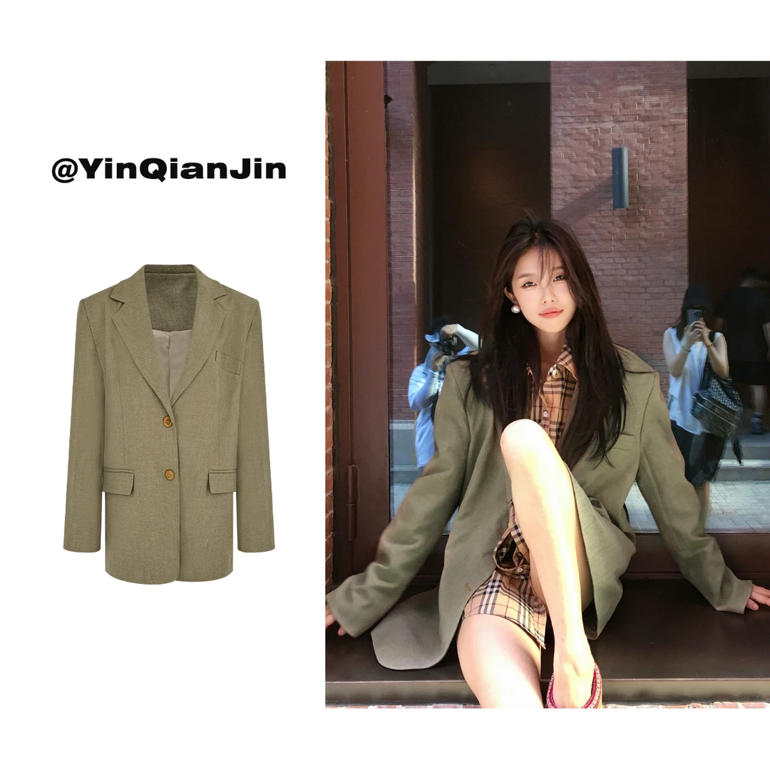尹千金【典藏巴黎】复古古着感灰绿色小众西装外套 版型正！W240535
