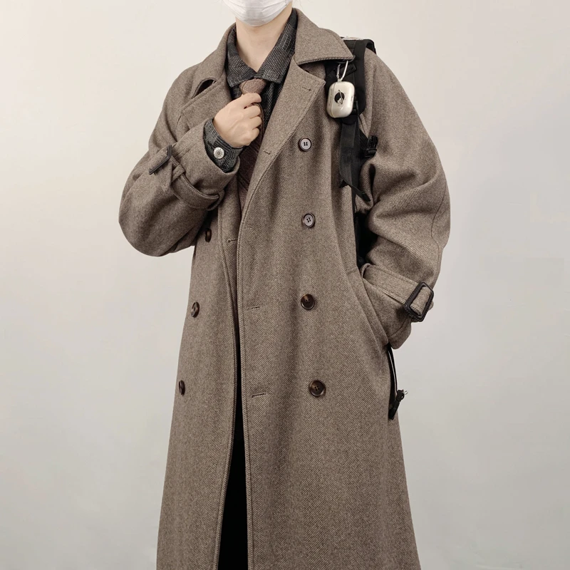 木村叔dk日系复古西装大衣男人字纹双排扣灰色男春秋季中长款外套